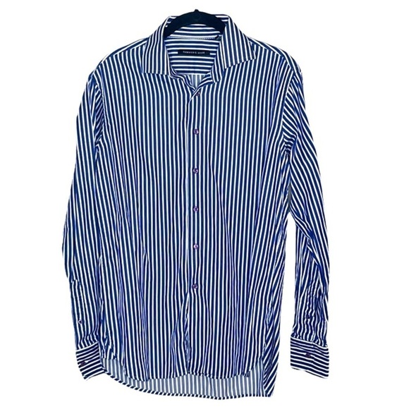 HAMMER MADE Blue/White Striped Button Down Shirt - Picture 1 of 4